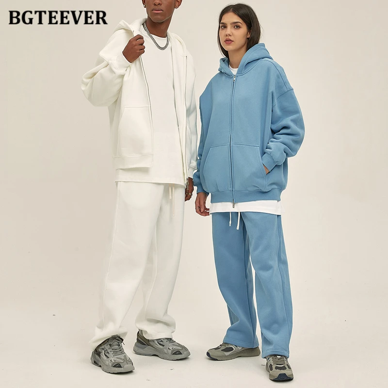BGTEEVER Thicken Fleece Warm Trousers Set Women Zippers Hoodies Sweatshirts Female Long Sweatpants Winter Tracksuits Women