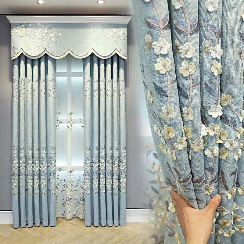 

Relief Embroidered Fresh Blackout Curtains Gray Blue Chenille Fabric Curtains for Living Dining Room Bedroom