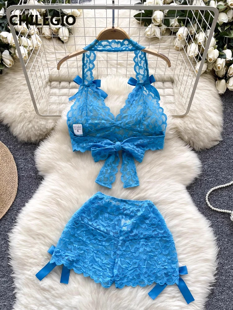 CHILLGIO Elegant 2-piece Sets for Women Y2K Sexy Lace V-Neck  Halter Tops+Hight Waist Tight Shorts Summer Matching Sets Vacation