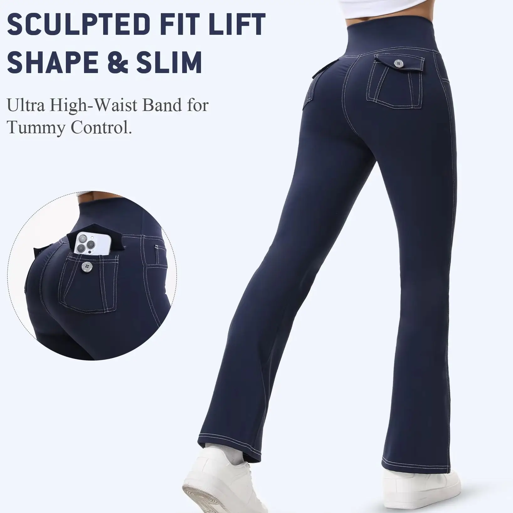 High Waist Flare Yoga Pants Contrast Stitching Fake Pocket Butt Lifting Stretch Workout Bell Bottom Leggings For Women