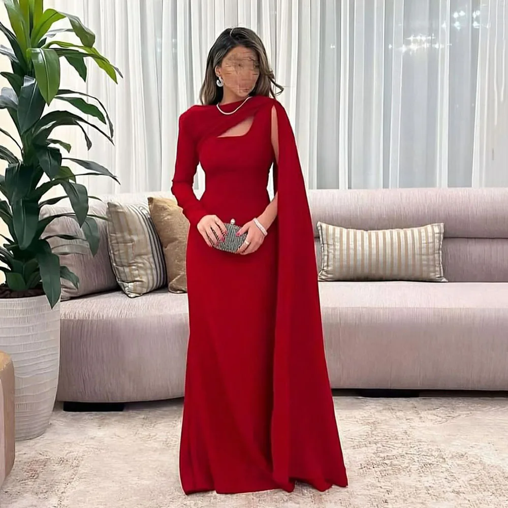 

Msikoods Red Women Evening Dress Cape Long Sleeve Saudi Arabic Wedding Party Dress Dubai Customized Formal Occaasion Dress