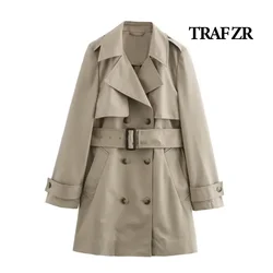 TRAF ZR Elegant Coats Woman 2024 Women's Autumn Coat Overcoat Long Female Basics Vintage Trench England Style Mid Trench