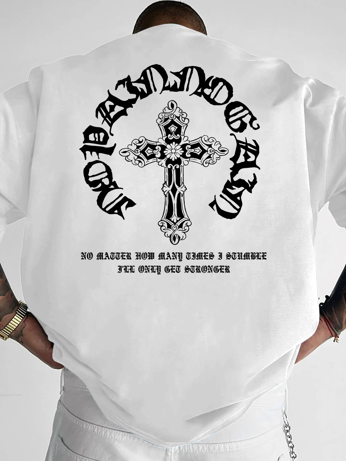 Herren Oversized T-Shirt mit überschnittenen Schultern, Vintage Gothic Kreuz Grafikdruck, lässiges Kurzarm-Shirt, S-XXL – Detail 6