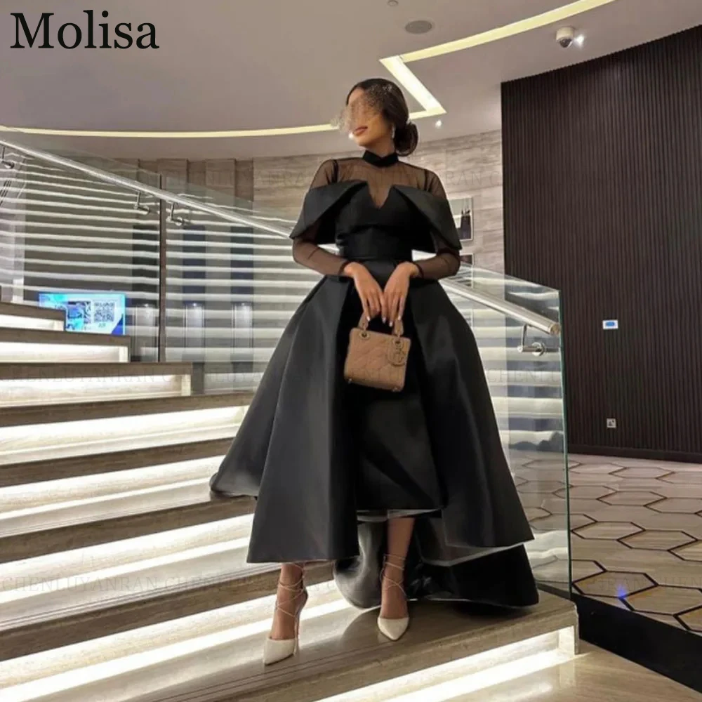 

MOLISA Fashion Black Satin Party Evening Gown 2024 A-Line High Neck Prom Dress Asymmetrical Formal Occasion Dress فساتين الحفلات