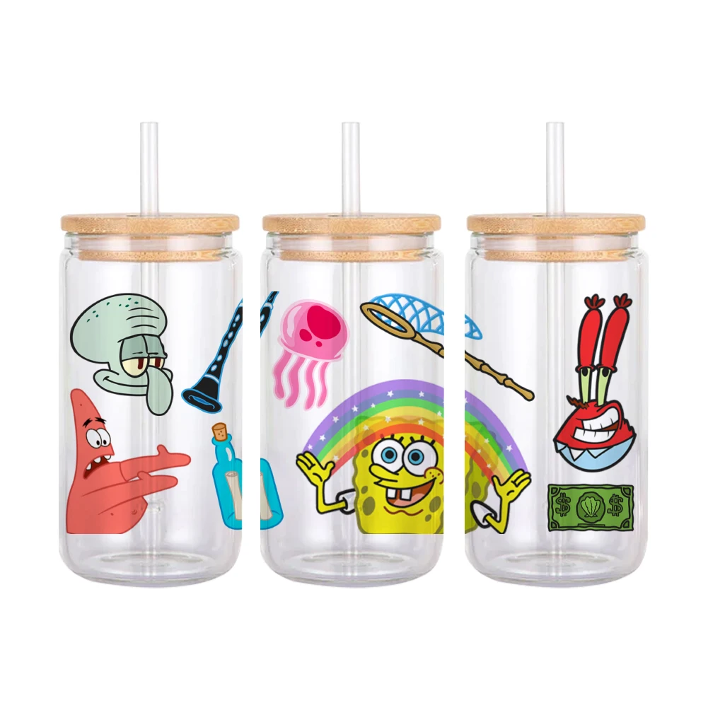 Cartoon Yellow SpongeBob Pattern UV DTF Transfer Sticker Waterproof Transfers Decals For 16oz Glass Cup Wrap Stickers