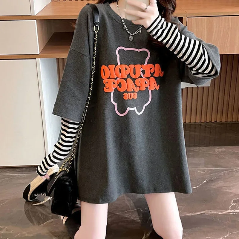 

Nice New Long Sleeve Pullovers Casual Women's Clothing Patchwork Tops Spring Autumn O-neck Interior Lapping Simplicity T-Shirts