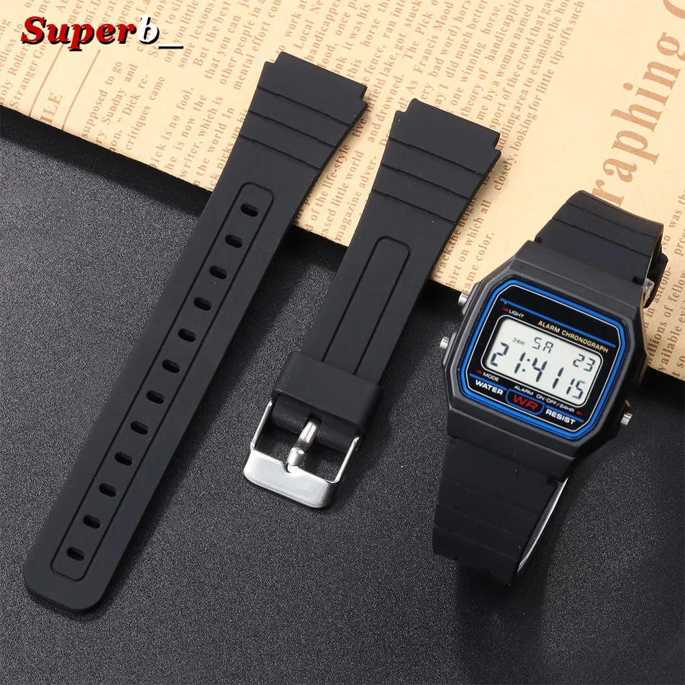 Correa de silicona para reloj Casio F91W, pulsera de goma suave negra para SGW400 W800H F84 F105/108/A158/168 AE1200/1300 de 18mm