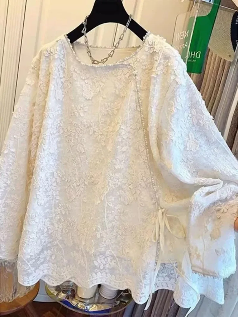 

Autumn New Vintage Embroidery Shirt Women Chinese Style O-neck Loose Long Sleeve Tops for Woman Pearl Lace Clothes