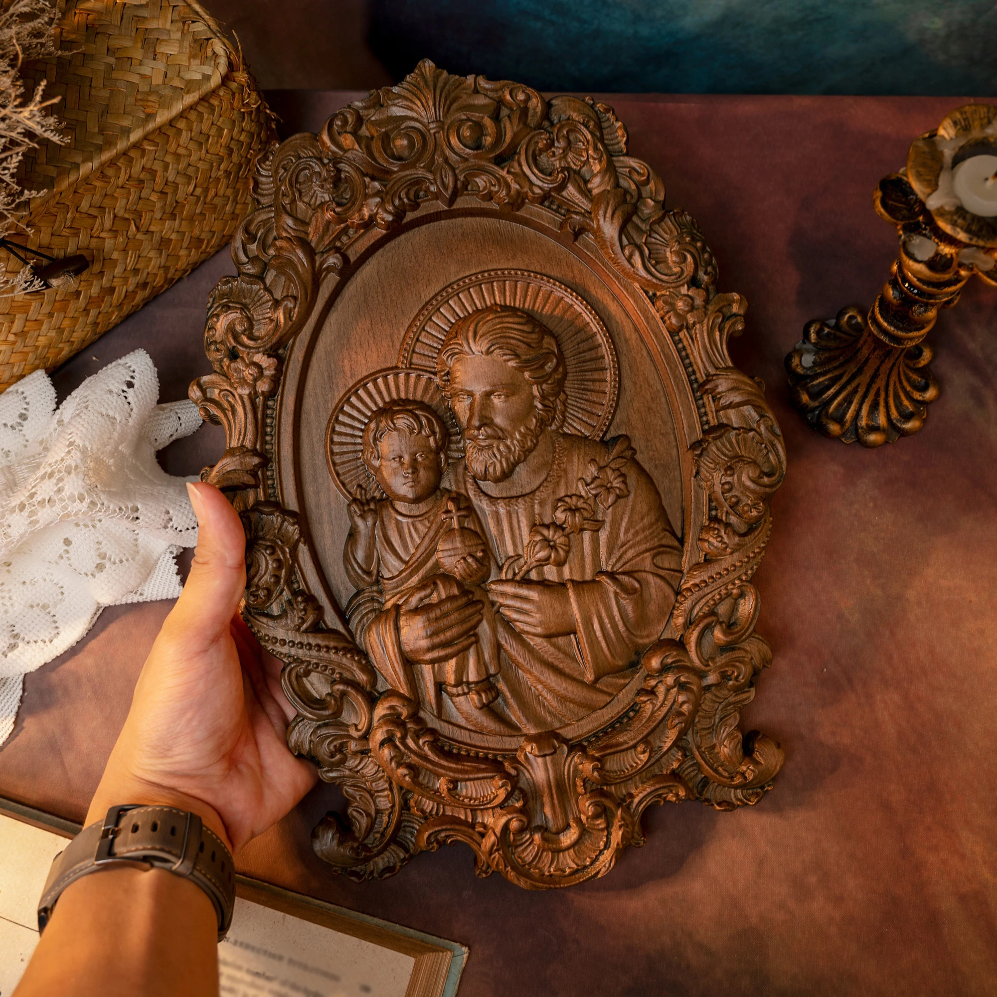 Hand‑Carved Vintage Saint Joseph With Child Jesus Oval Plaque Ornate Floral Scroll Frame Religious Relief Wall Art Home Chapel D
