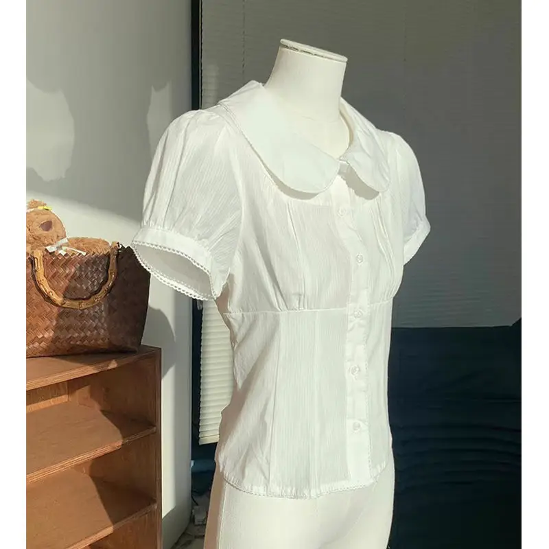 

Gagarich French Sweet White Lace Up Doll Collar Shirt Women Summer Short Sleeved Shirt Slim Fit Waist Cinching Short Top