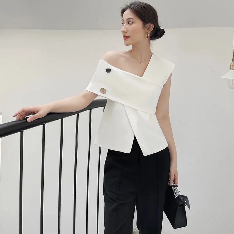 レディエレガントワンショルダートップスシャツ女性 OL オフィスボタンスプリットトップスフォーマル高級トレンディイン誕生日フェスティバルストリートウェア
