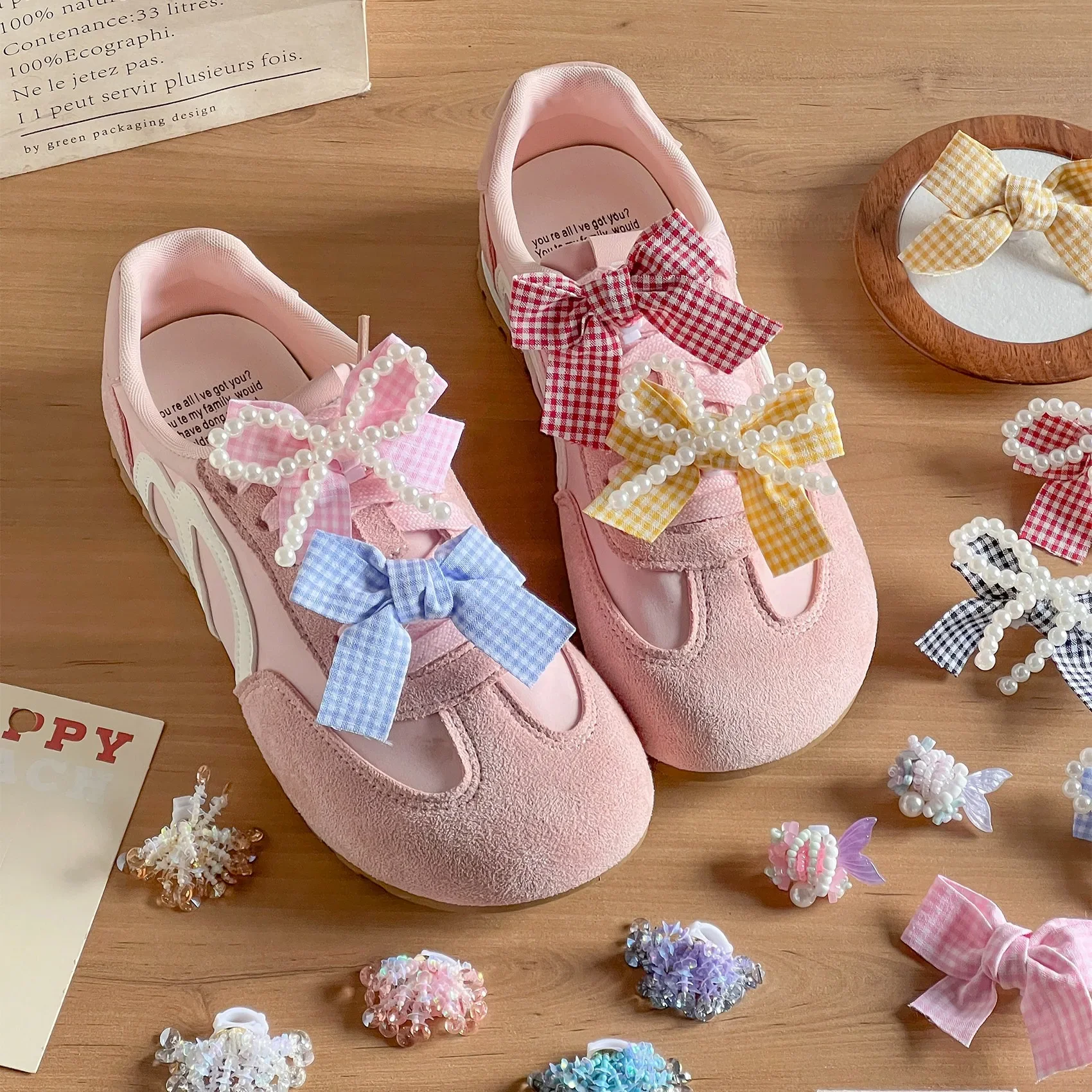 Gingham Bow Shoe Charms With Pearl Chain And Beaded Flower, Sweet Lace Clips For Sneakers, DIY Shoe Decoration Accessories 1Pcs