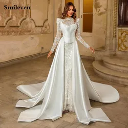 Smileven Long Sleeve Lace 2025 Wedding Dress High neck Satin Bride Dresses Vestido de novia With Train Customized
