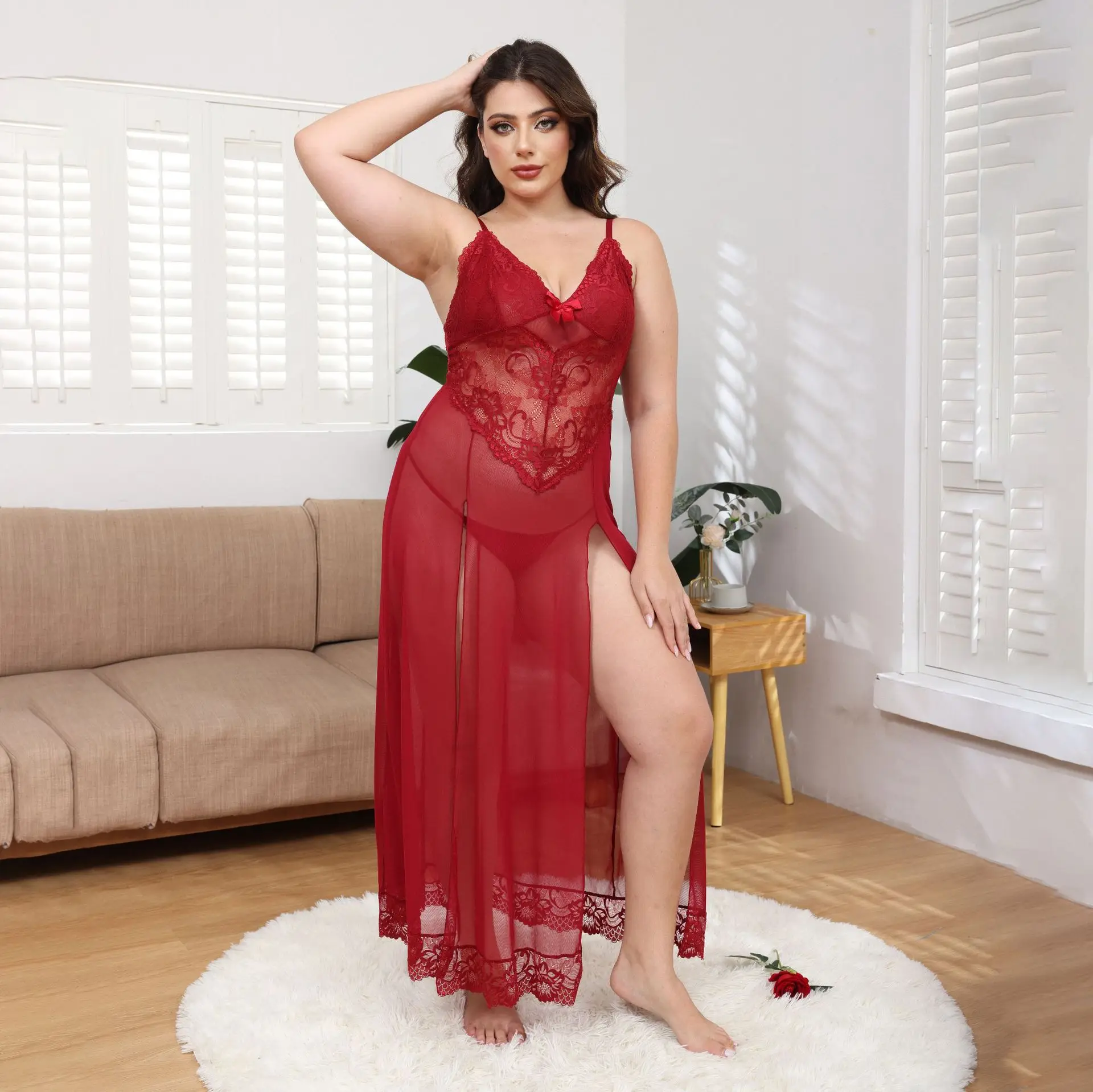 Women Plus‑Size Red Lace Long Sleep Dress V‑Neck Bow‑Decorated Spaghetti‑Strap Nightgown High‑Slit Sheer Mesh Loungewear 3Y44 view 3
