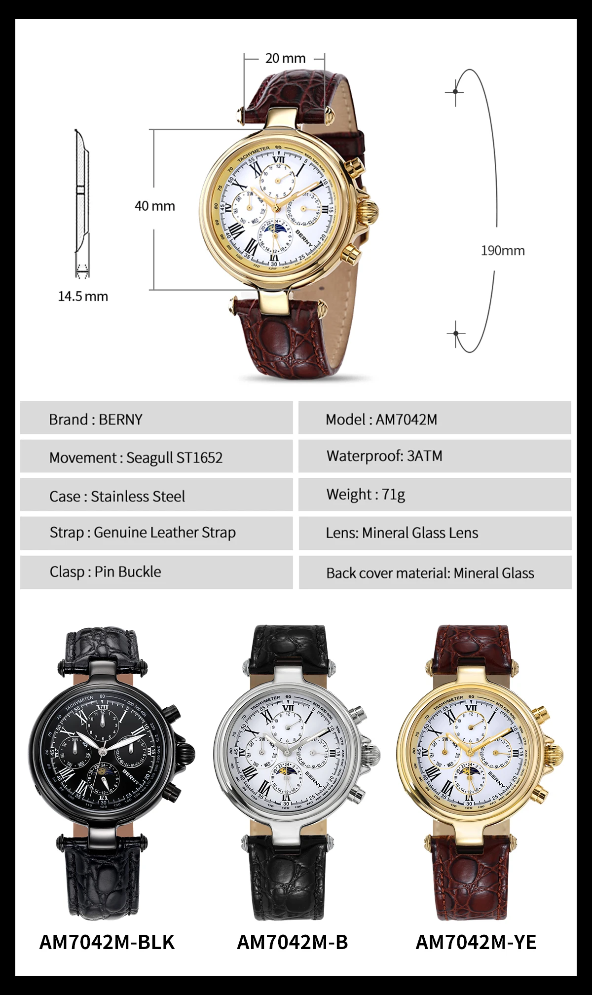 BERNY Retro Automatic Men's Watch Sun&Moon Phase Luminous ST1652 Classic Genuine Leather Luxury Mechanical Men's Dress Watches