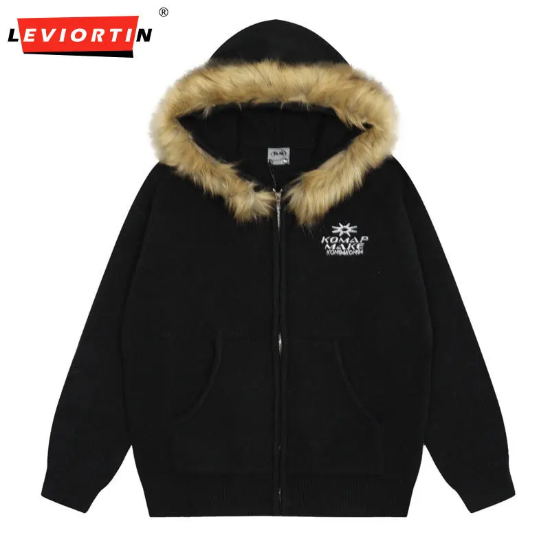 autumn and winter loose casual knitted sweater American retro letter embroidery fur collar zipper hooded sweater jacket