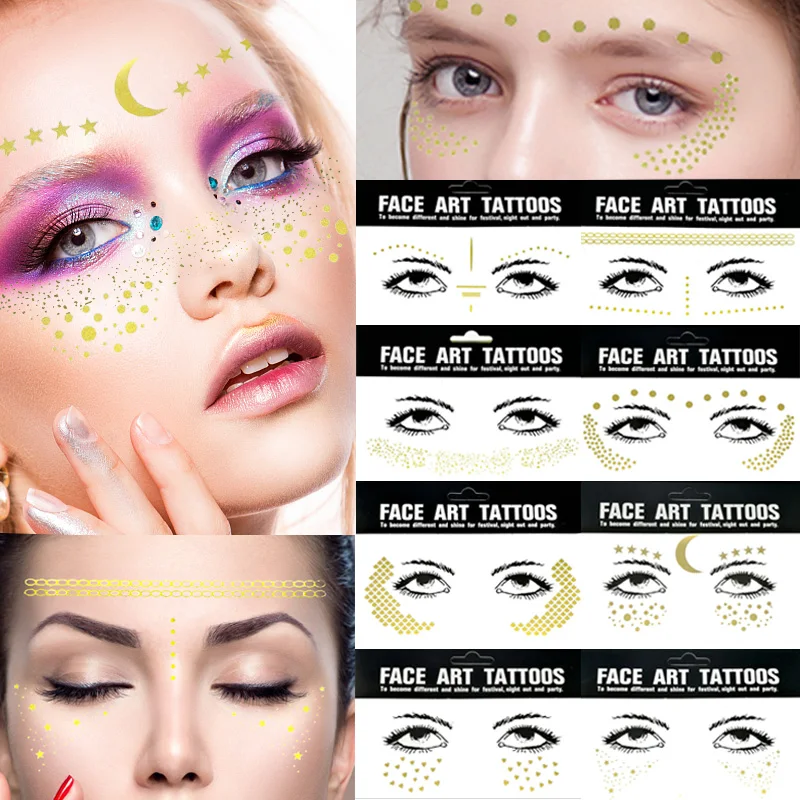 Flash Tattoo Waterproof Stars Choker Pattern Freckles Gold Face Tattoo Body Art Sticker Eye Decals Bride Tribe Girl Party 1Pack