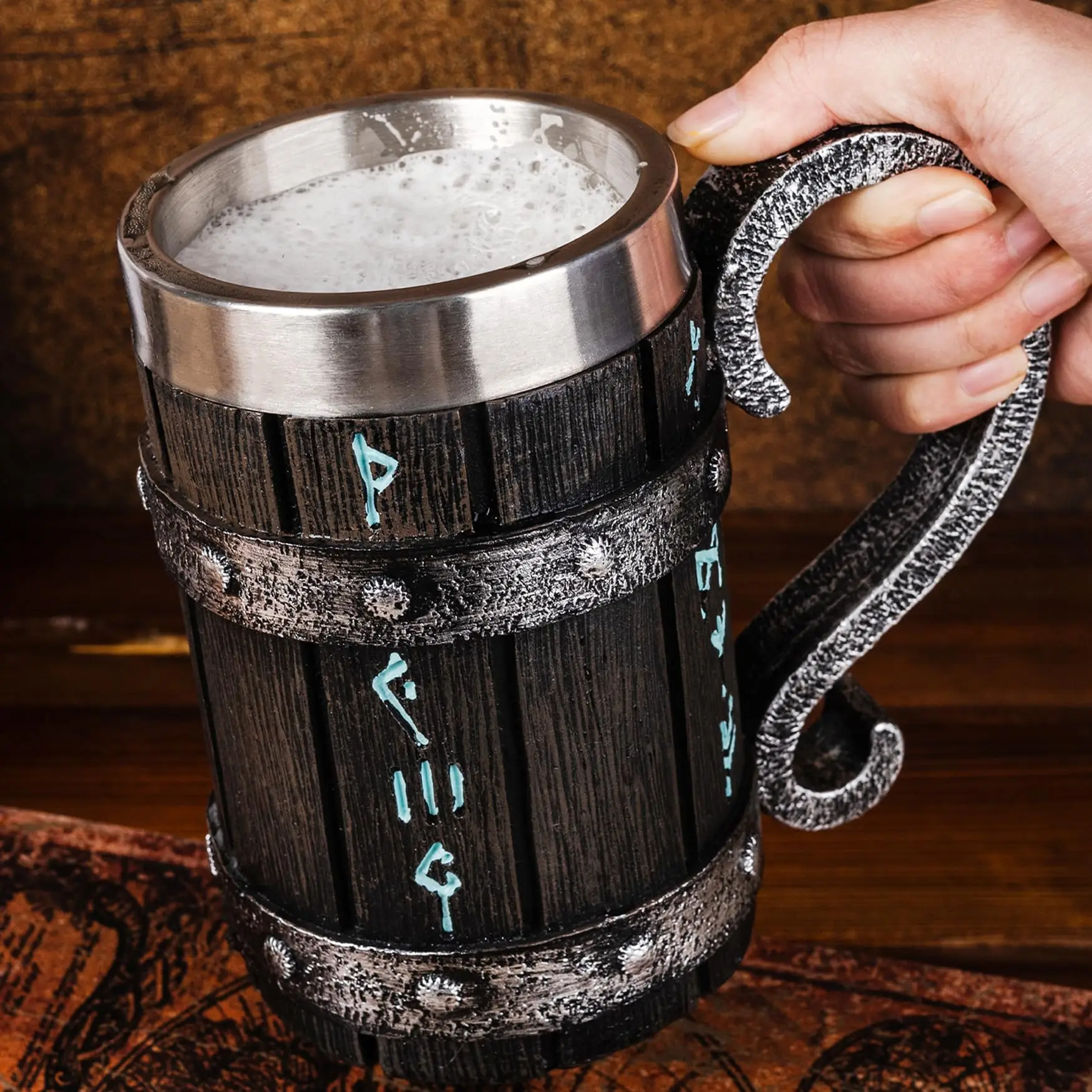 Viking Norse Heritage Coffee Mug - Stainless Steel Resin 3D Tankard Gift for Men Unique Nordic Beverage Cup with Norse Decor