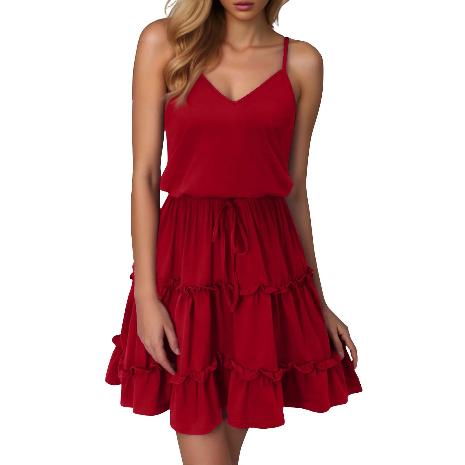 

Women's 2025 Summer Dresses Spaghetti Strap Casual Bohomian Beach Vacation Outfits Drawstring Ruffle Hem Sundress Trendy Dresses