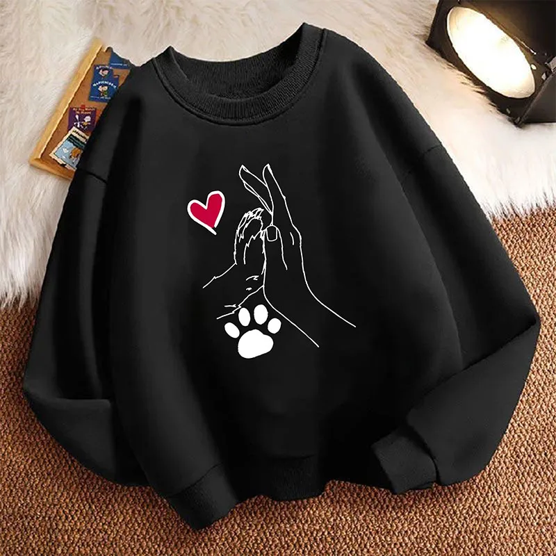 Pullover mit süßem Katzenpfoten-Herz-Motiv für Kinder, Cartoon-Kawaii-Frühlings-Sweatshirt, lässiger Kapuzenpullover für Jungen und Mädchen