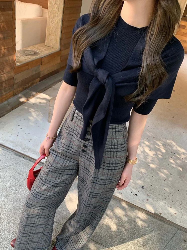ReddaChic Unisex Formal Tweed Plaid Pants Women Fall Winter High Waist Straight Button Front Baggy Suit Pants Vintage Costume