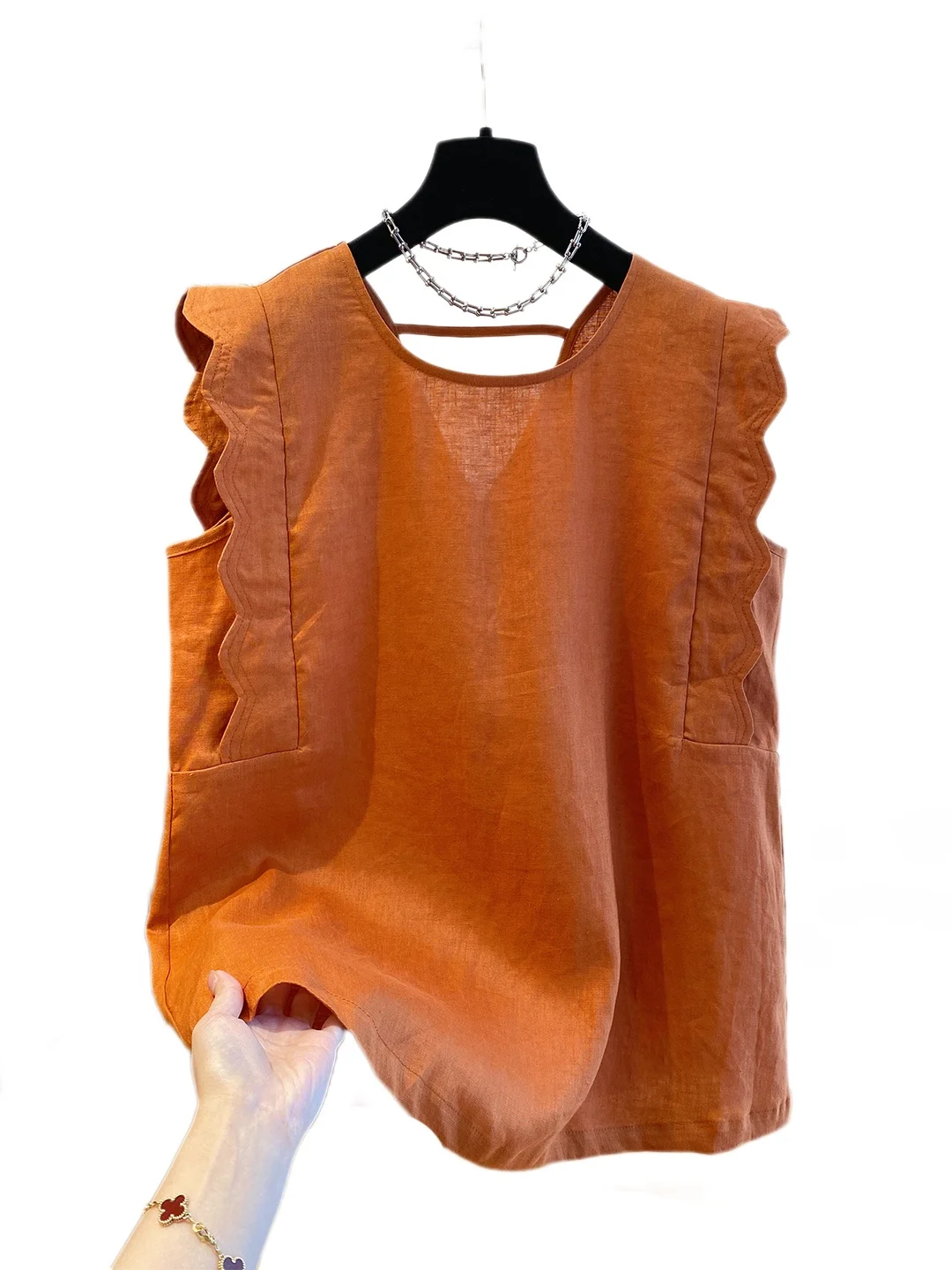 Retro Cotton Linen Vest irt Women's Loose All-Match Design Sensation Fly Sve Cotton Linen Small irt Top