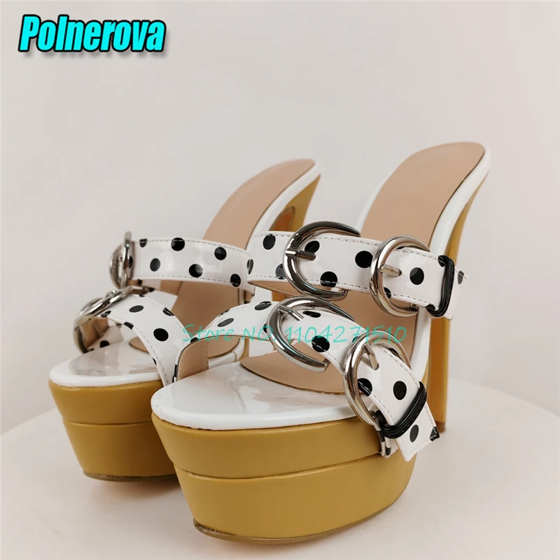 White Polka Dot Platform High Heel Sandals Double Belt Buckle Strap Open Toe Stiletto Heels Slippers Fashion Party Dress Shoes