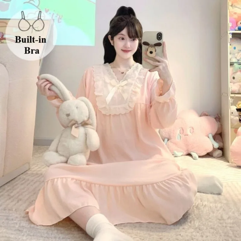Plus Size Women Princess Style Nightgown with Chest Pad Korean Girls Autumn Long Sleeve Pajamas Sweet Loose Sleepshirt Homewear