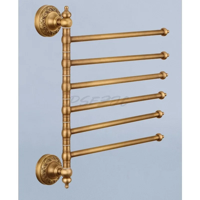 Brass Antique Rotating Activity Towel Rack European Style Bathroom Wall Mounted Multi Pole Towel Rod