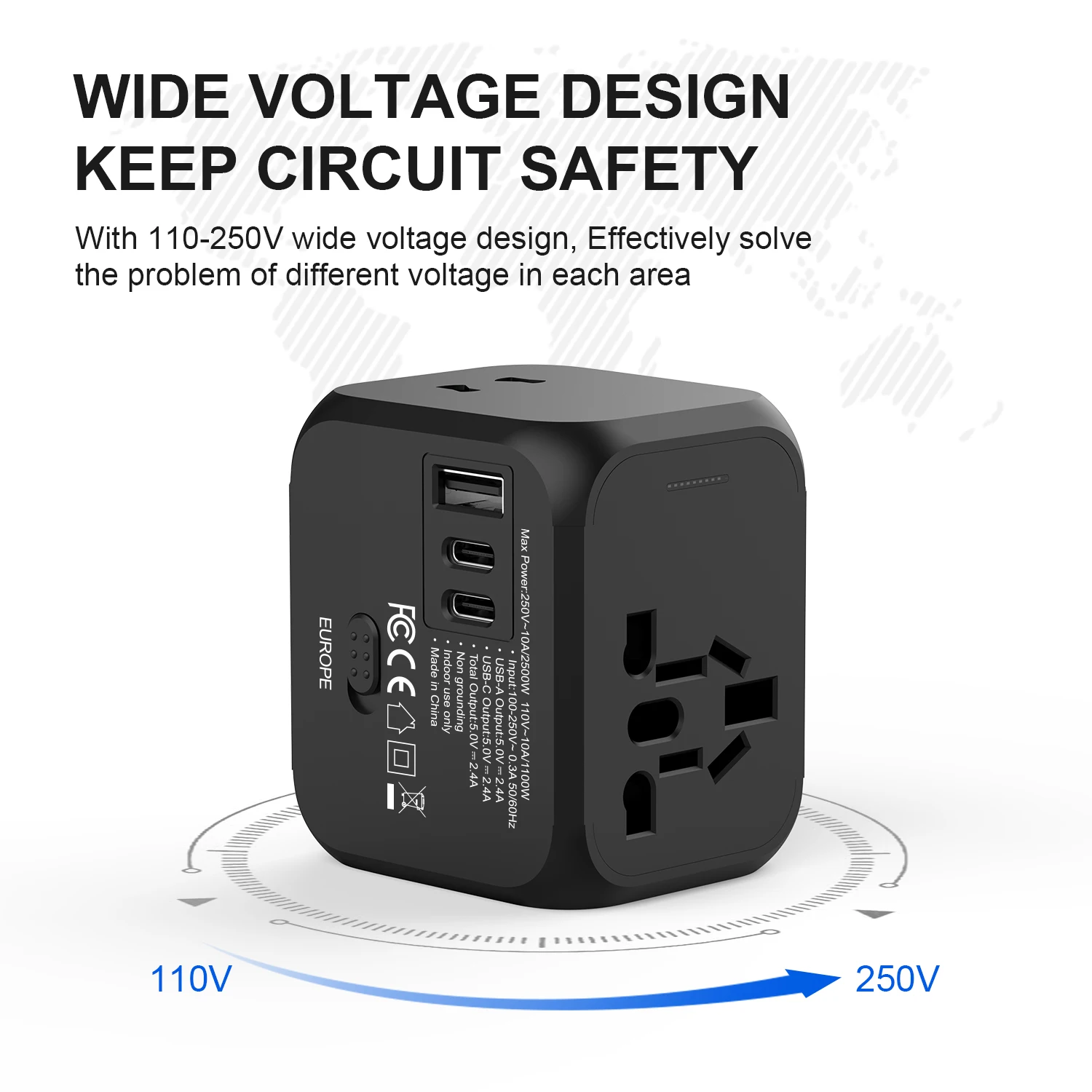 2500W GaN Universal Travel Adapter with 1 USB Ports 2 Type-C PD Charging All-in-one Travel Adapter EU/UK/USA/AUS Plug for Travel