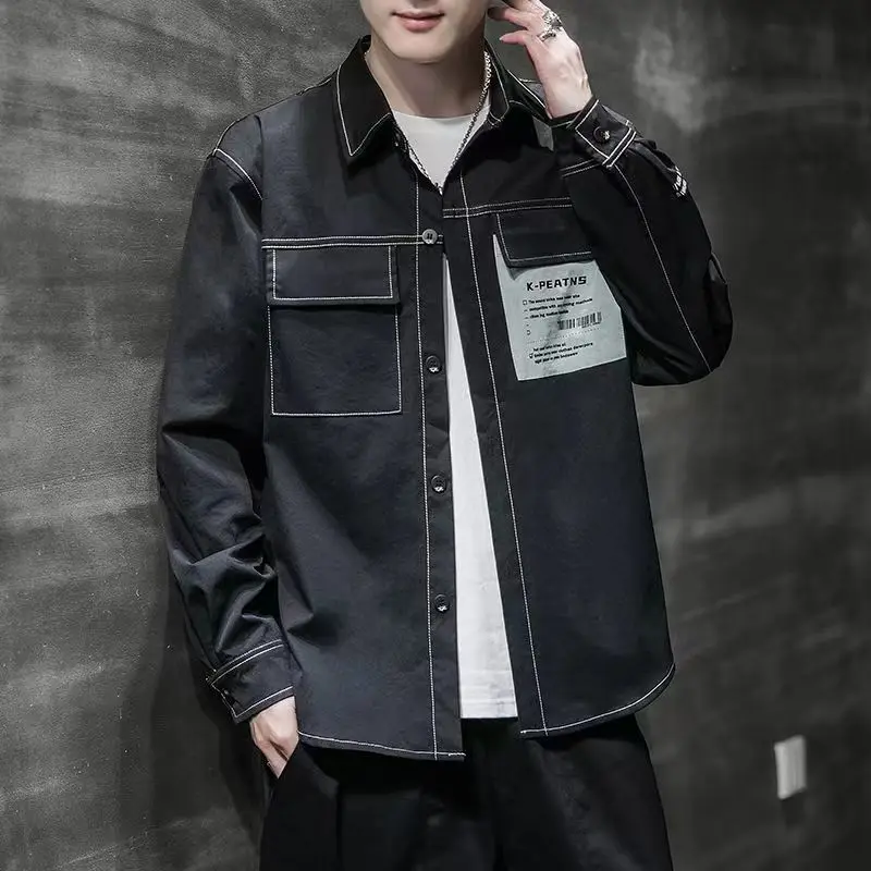 Fashion Lapel Button Spliced Letter Pockets Shirts Men's Clothing 2022 Autumn Loose New Casual Tops All-match Korean Shirt