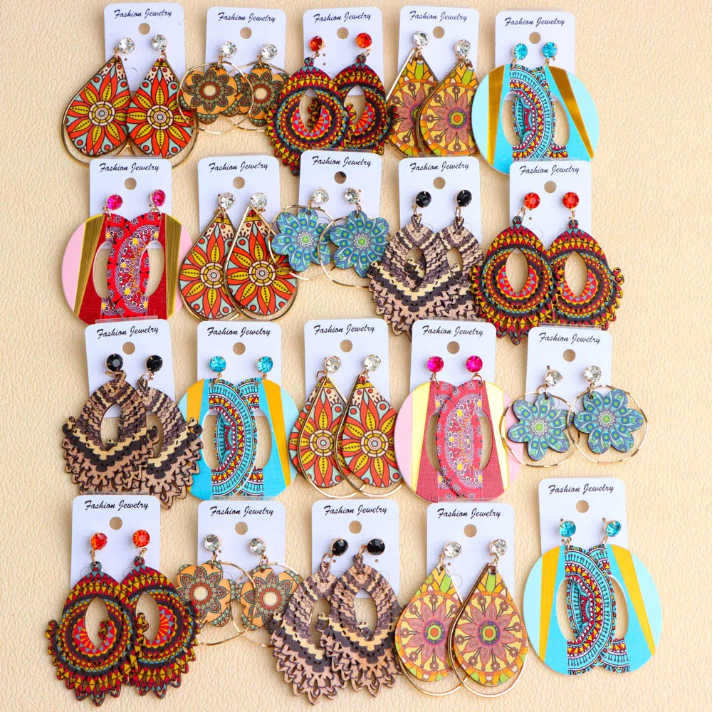 20Pairs/Lot Tie Dye Colorful Abstract Women\'s Wooden Earrings Bohemian Retro Hollow Hanging Earrings Daily Holiday Jewelry