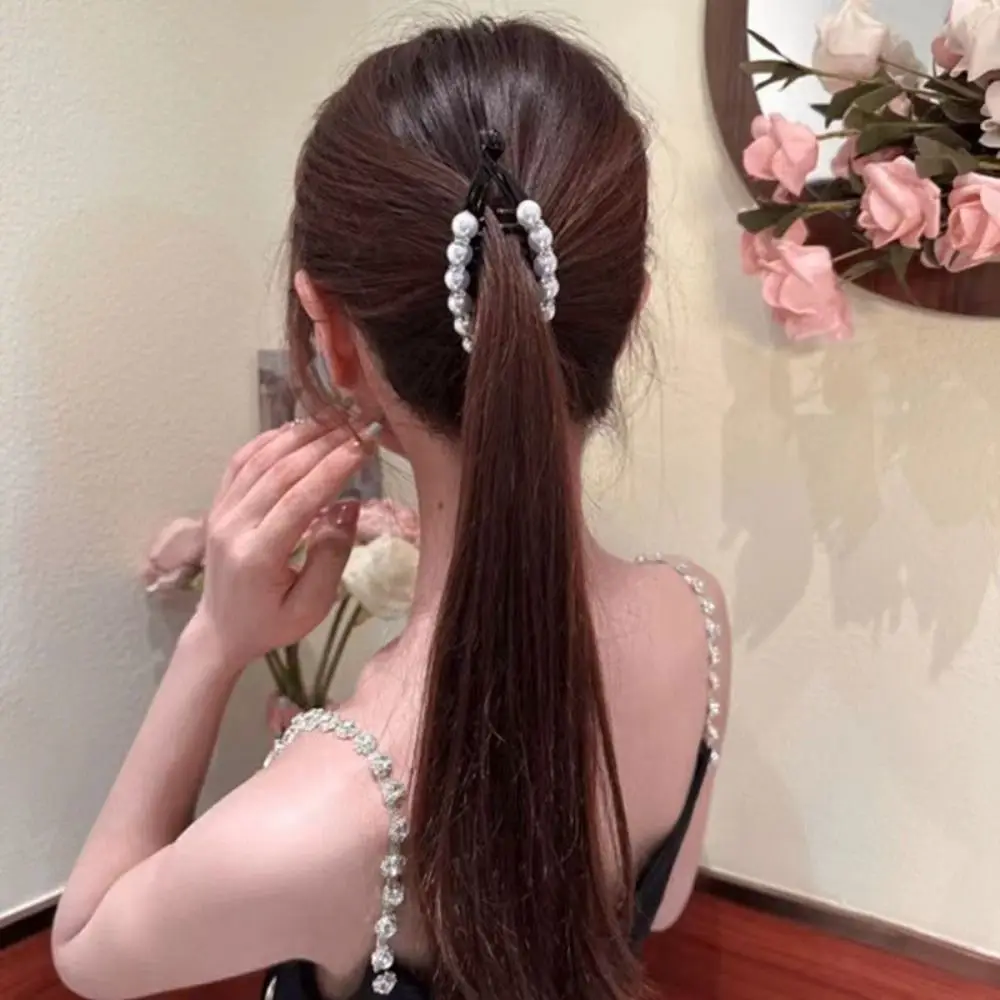 Cute Korean Style Pearl Banana Clip Ponytail Holder Headwear Plastic Vertical Clip Hairpin Headdress Rhinestone Hair Clip Girls