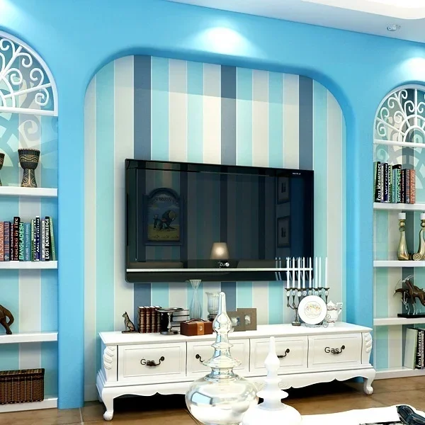 Mediterranean style wallpaper vertical stripe blue nostalgic living room non-woven TV background wall Nordic wallpaper