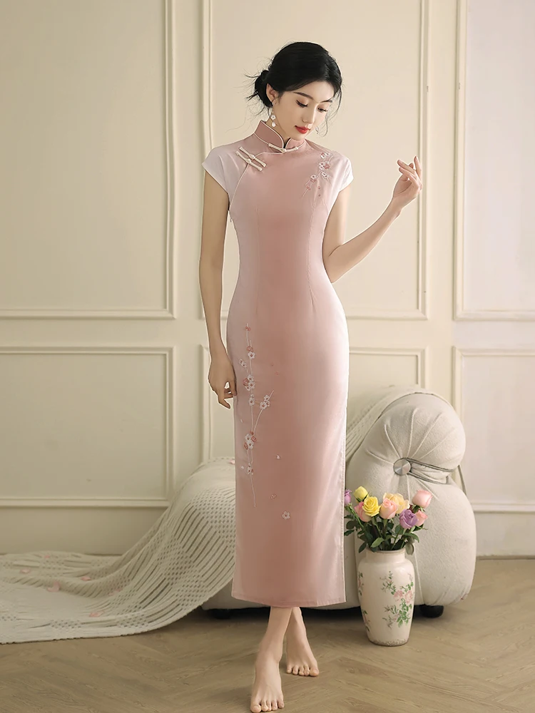 

Ele Young Girl's Pink Qipao Dr Retro Chinese Sle Midi Length ort Sve Daily Wear Casual Chic Summer Faion