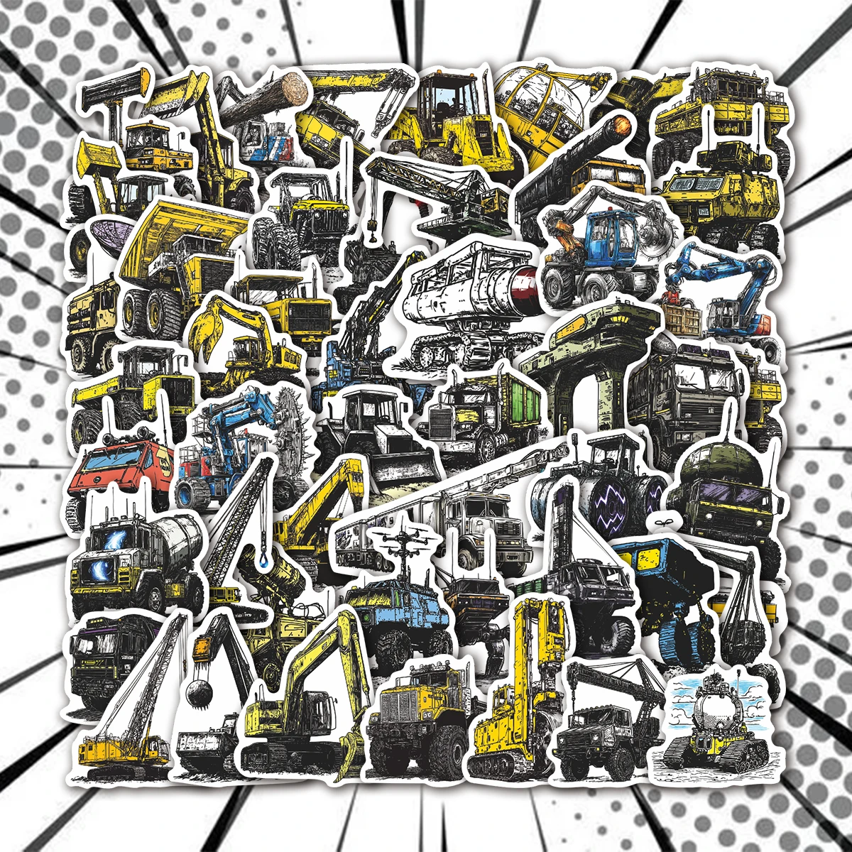 50Pcs Heavy Machinery Construction Stickers | Hand Drawn Waterproof Decals for Laptop, Water Bottle & Journal, Industrial Decor