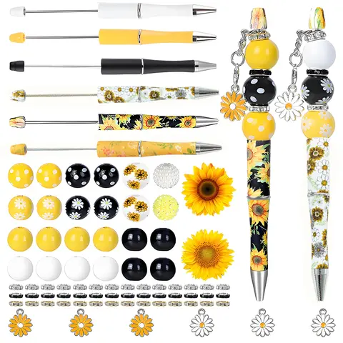 6 Sets Sunflower Beadable Pens Bulk Plastic Beadable Assorted Bead Pens Wood Spacer Round Beads Black Ink Ballpoint Pen DIY Bead