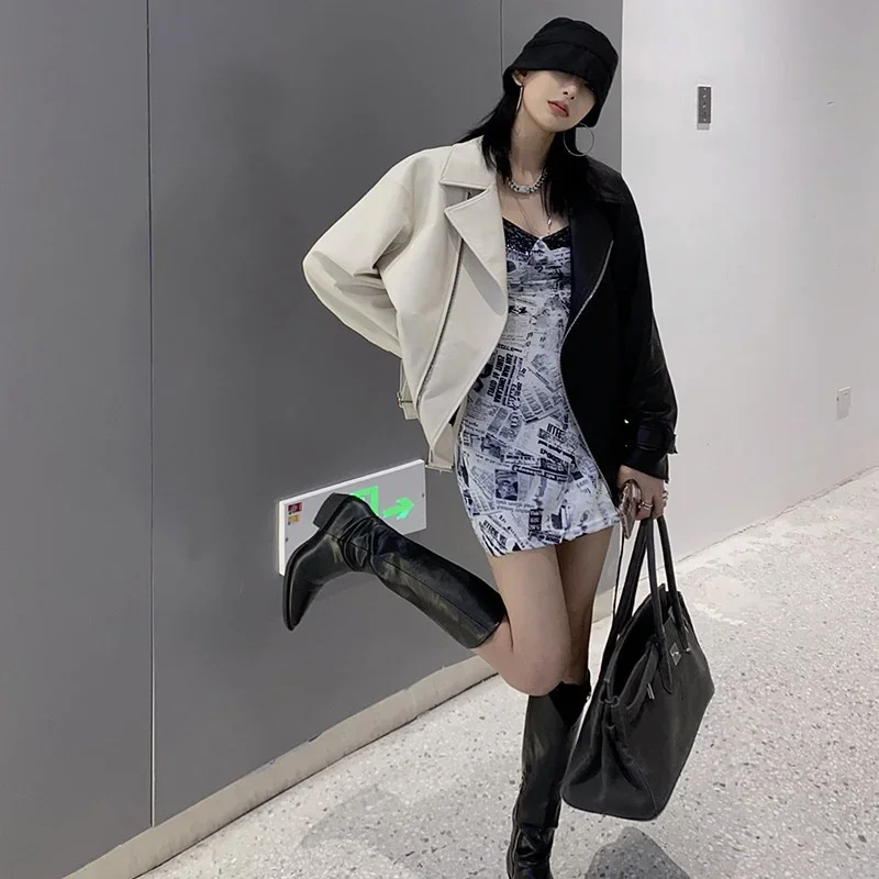 秋ヴィンテージコントラストカラースプライシング女性フェイク Pu レザージャケットベルト女性カジュアル長袖バイカージャケットストリート