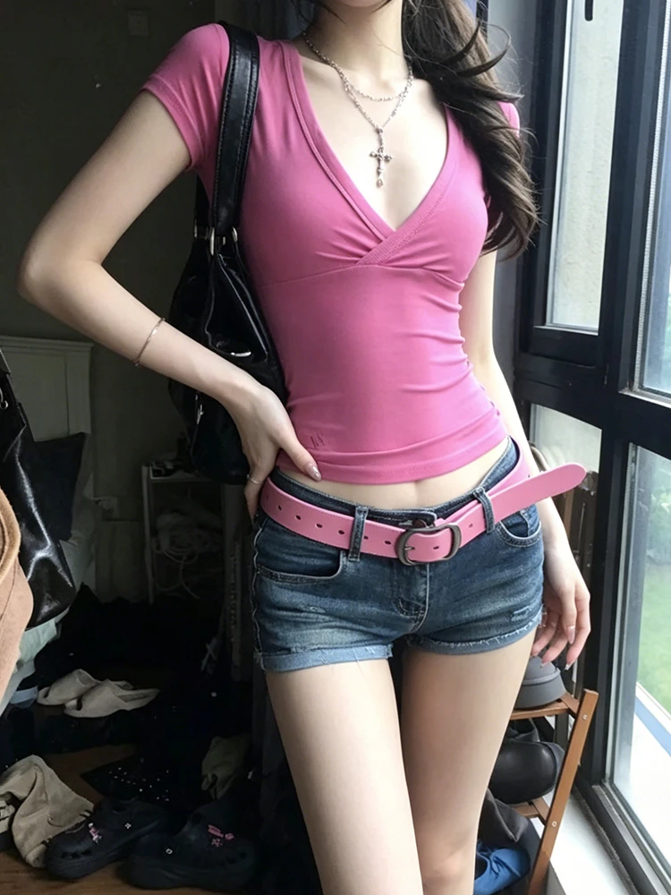 Genayooa Sexy V-Ausschnitt T-Shirt Damen Kurzarm Slim Solid Crop Tops Y2k Fairycore Vintage Tops Streetwear Japanisches 2000er T-Shirt – Detail 8
