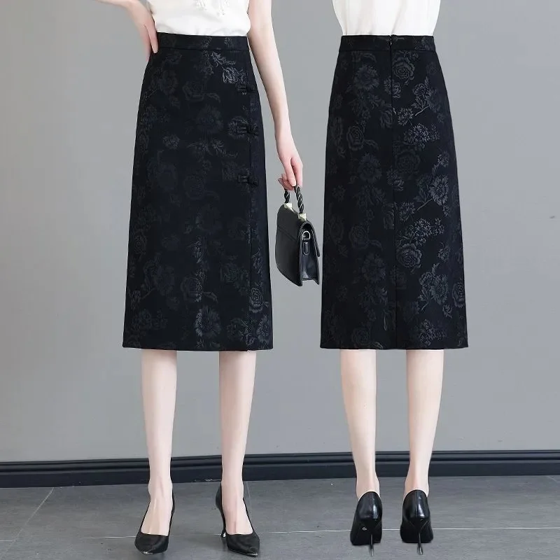Summer Lady High Waist Maxi Skirt 2025 Women Fashion Large Size 4XL Long Skirts Retro Female Buckle Jacquard Half Length Skirt