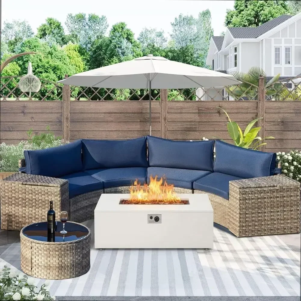 8-Piece Curved Patio Furniture Set with Fire Pit, Wicker Rattan Sectional Sofa, Outdoor Garden Conversation Area (Blue, White)