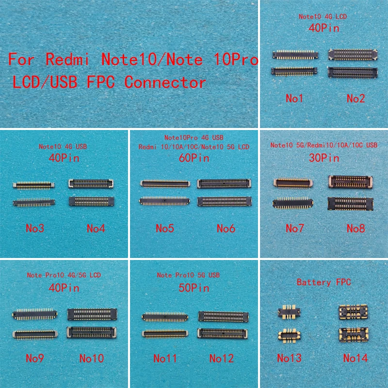 10pcs 40 50 60 Pin LCD Display Screen FPC Connector For Xiaomi Redmi 10/10A/10C Note 10 4G/Note10 Pro 5G Usb Charging Charger