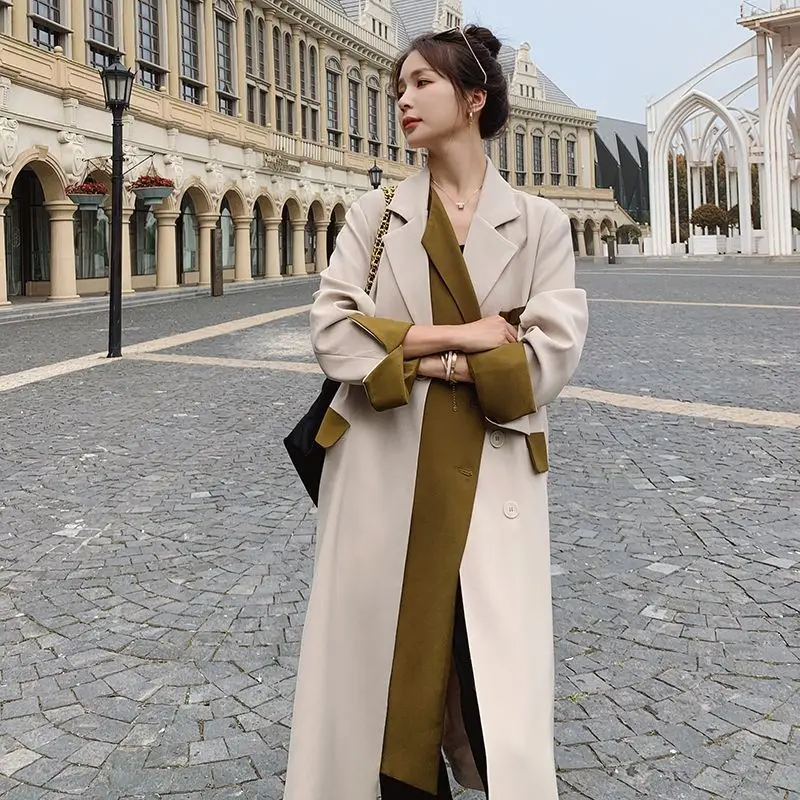 

2023 New Women Temperament Long Knee-Length Trench Coat Female Fashion Design Sense Niche Outcoat Casual Versatile Outerwear