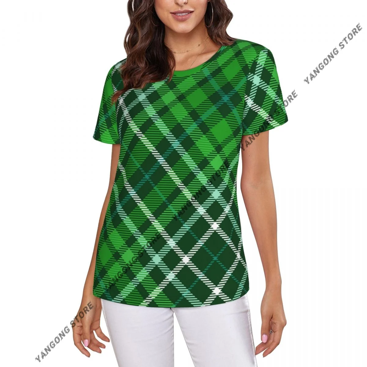 

Women's T-shirt Dark Green Plaid Check Pattern Tshirt Women Casual O-Neck Short Sleeve Tops Tees Clothing