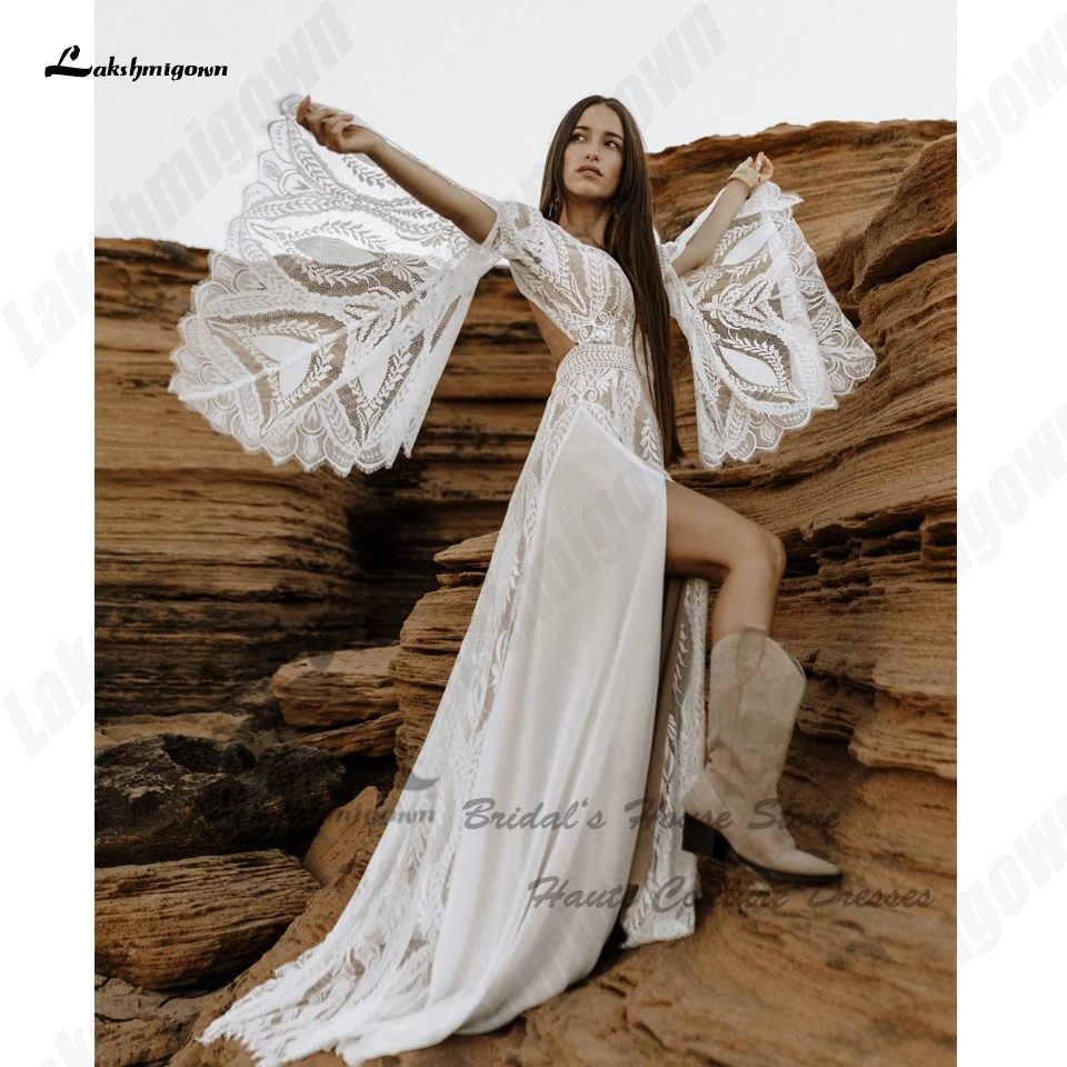 Lakshmigown Sukienka Boho Spitzen-Hochzeitskleider Maßgeschneidert 2026 Rückenfreies Strand-Brautkleid mit Hohem Seitenschlitz Vestidos Boda – Detail 4