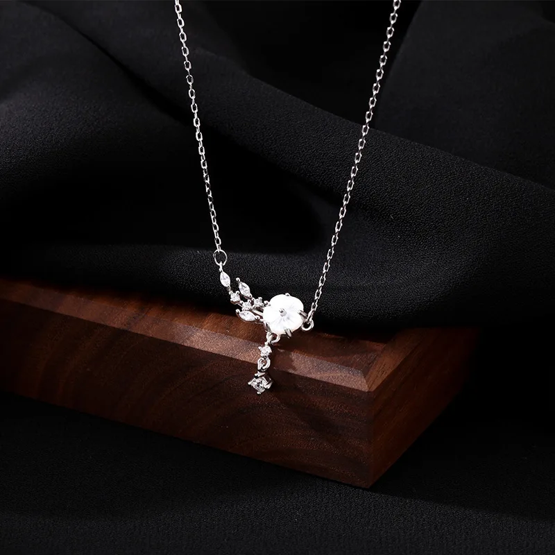 S999 Pure Silver White Fritillaria Camellia Pendant Necklace, Branch Flower Necklace, Female Collarbone Chain