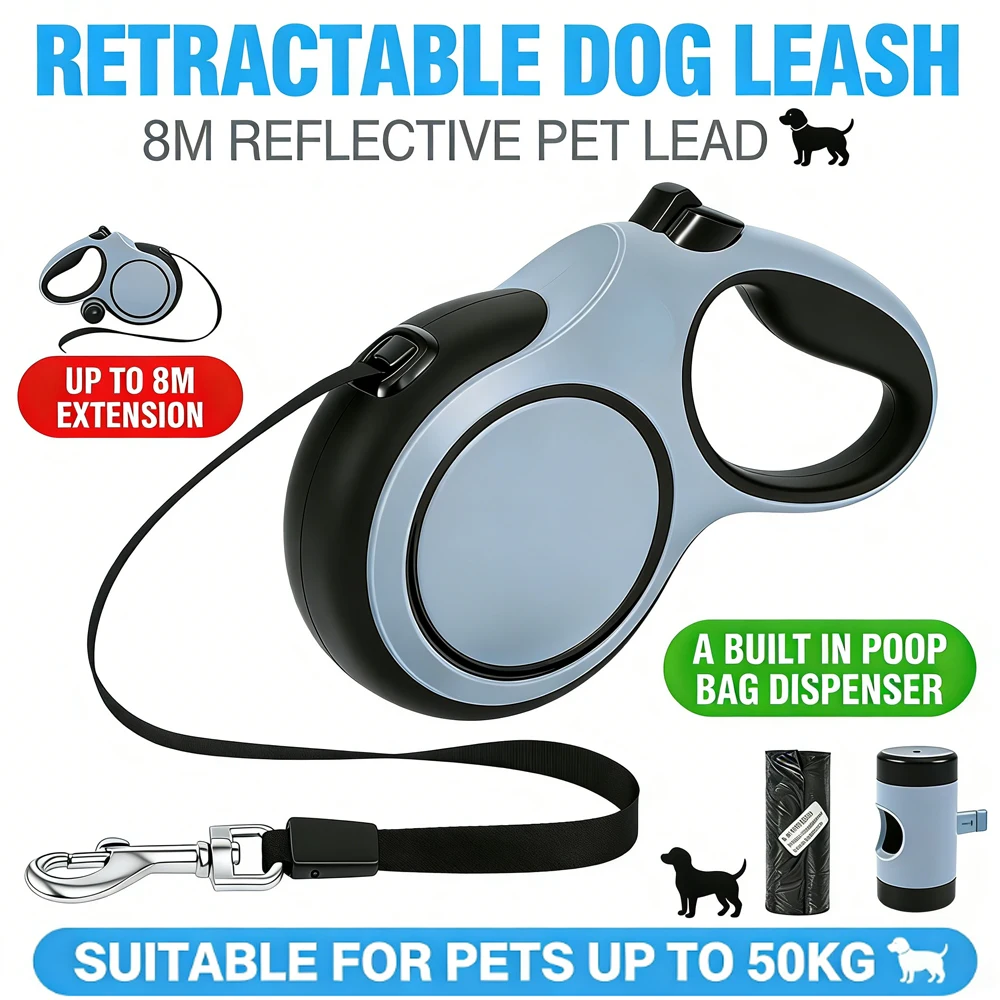 

8-метровый автоматический выдвижной поводок для собак с 3 режимами, с мешком для отходов и нескользящей ручкой, для выгула собак, зоотовары