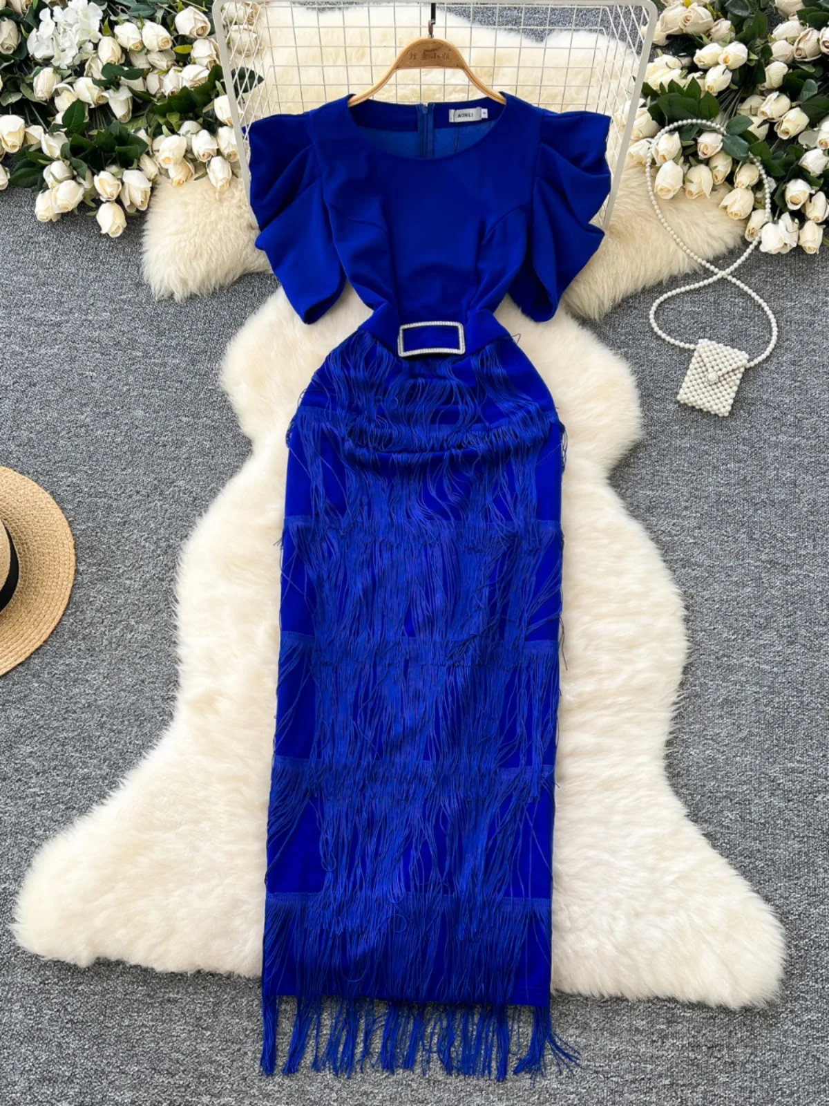 Ele High-End da donna Dr Faionable pieghettato Bubble Sve abito lungo sottile con nappe che impiegano la vita gonna a trapezio coreana