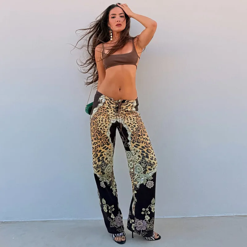 STYLISH LADY Leopard Floral Print Low Rise Flare Pants Women Lace Up Drawstring Wide Leg Trousers Streetwear Casual Long Pants