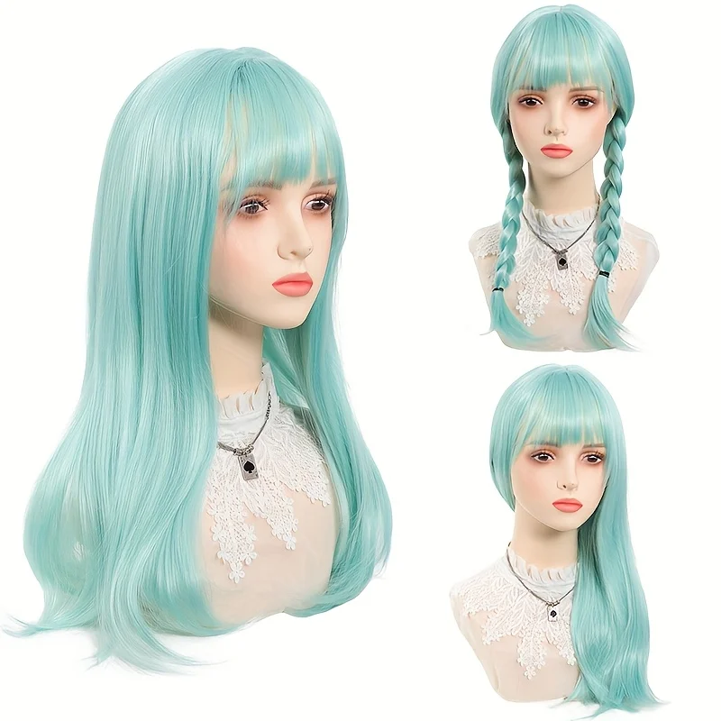 Women's Long Milk Green Straight Synthetic Wig with Bangs -Anime Cosplay, Elf/Ren Costume Party Hair